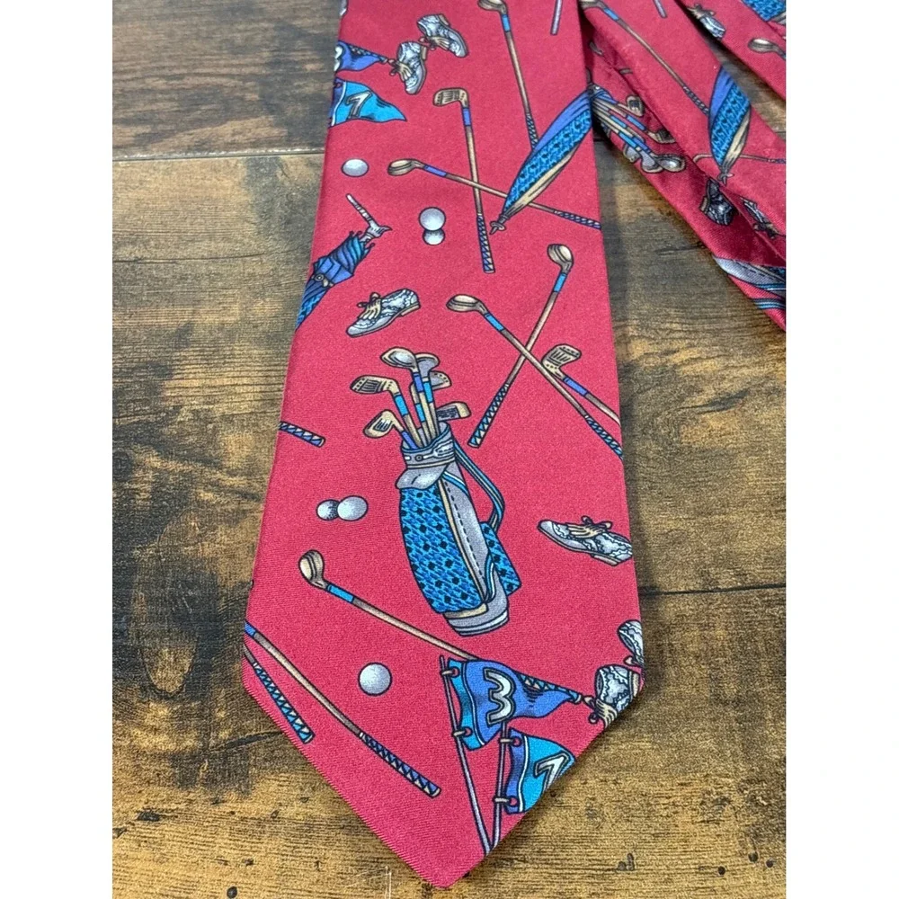 Rooster West End Collection Mens Red Silk Golf Motif Necktie Made in USA Classic